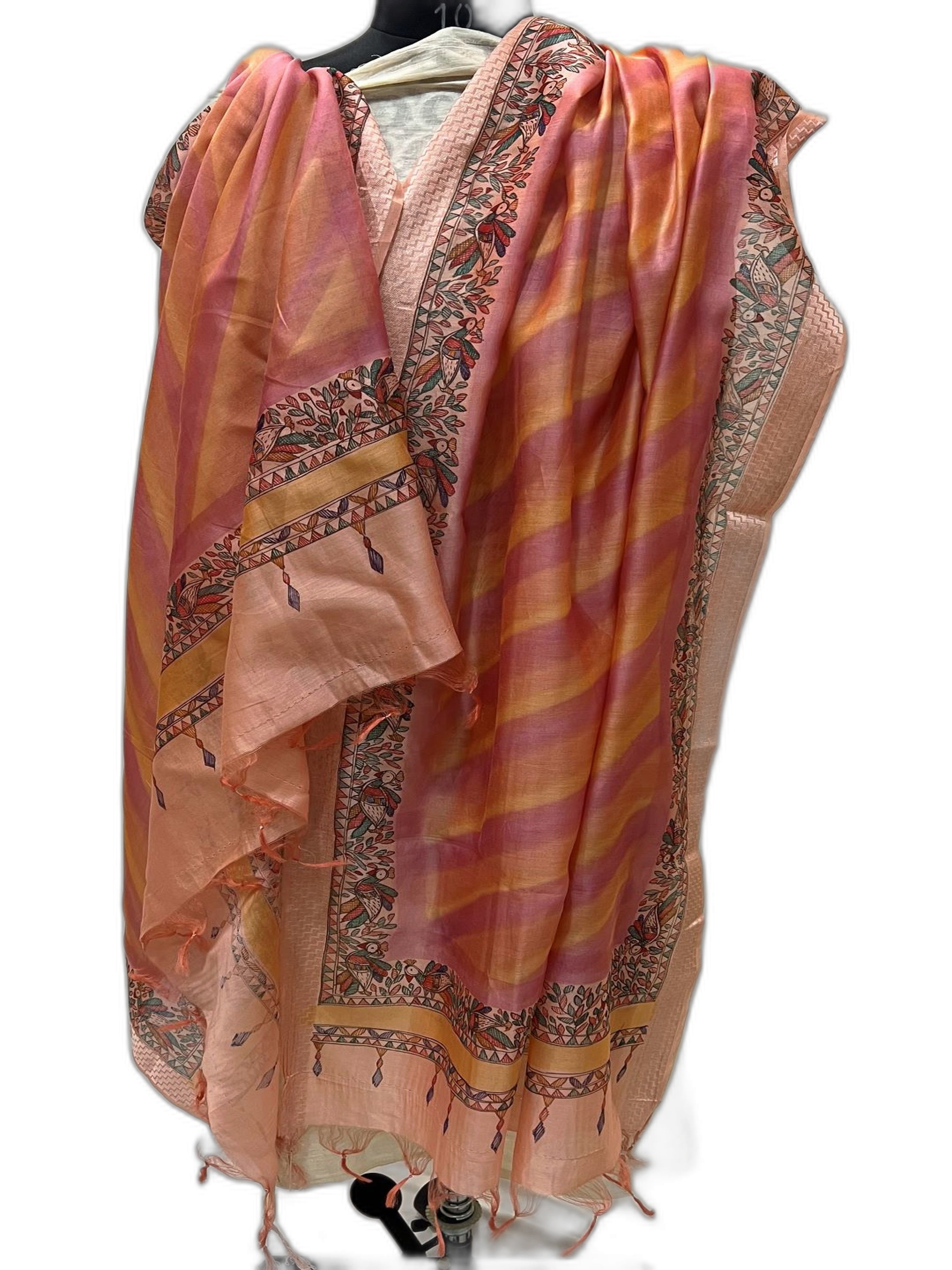 Hand-Painted Chanderi Dupatta- Shaded Pink in Leherya Style